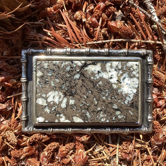 Vintage Bright Pyrite Artisan Stone On Outlined Rectangular Metal Belt Buckle - Picture 7 of 13